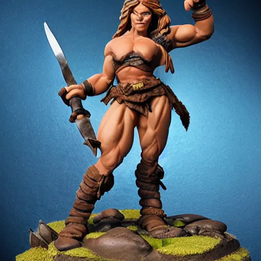 Prompt: A D&D tabletop miniature of a muscular female barbarian berzerker, with cloth fur and leather hide armor, with axe, masterpiece sculpt on a round base with dirt rocks and grass, realistic, product photo, dramatic lighting, by Frank Frazetta, Artgerm, Simon Lee, Joe Jusko, Disney Infinity