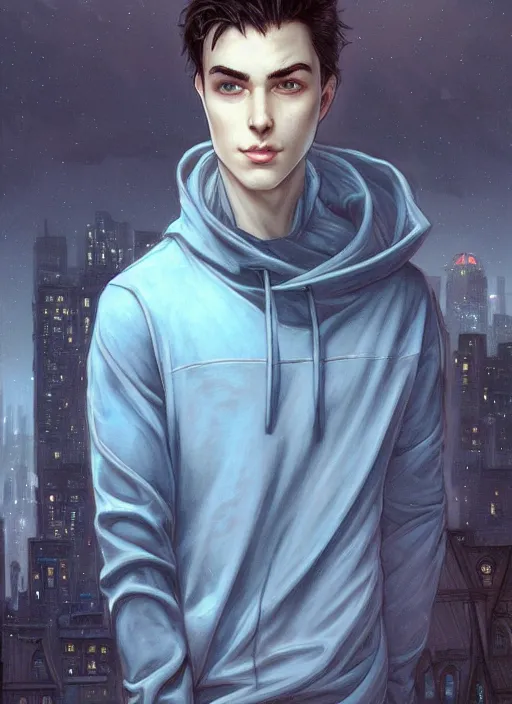 Image similar to handsome young man with short black hair, glowing light blue eyes, pale skin, wearing jeans and a black hoodie, detailed night time cityscape background, realistic painting by ross tran and gerald brom and alphonse mucha, ilya kuvshinov, svetlana tigai, artgerm, trending on artstation