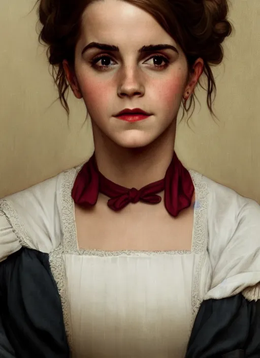 Image similar to portrait emma watson as maid in the kitchen, full length shot, shining, 8k highly detailed, sharp focus, illustration, art by artgerm, mucha, bouguereau