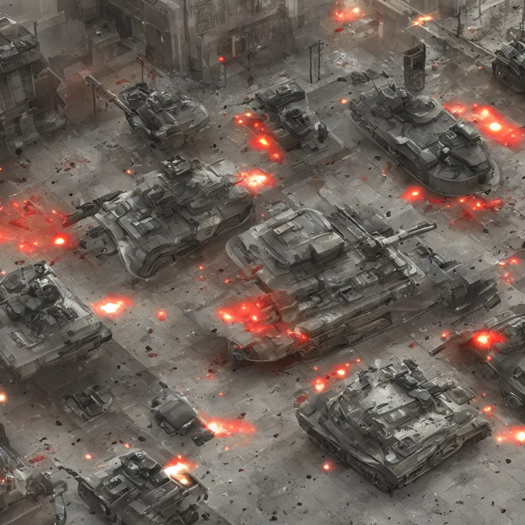 Prompt: futuristic tank shooting the building, blood splatter, detailed, cinematic view, cinematic lights, 3 d photorealistic