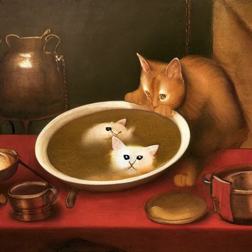 Prompt: the cat cooks soup, drawn by Leonardo Da Vinci, oil painting, trending in Artstation, artstationHD, 4k