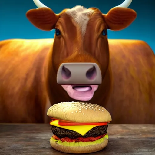 Prompt: a cow eating a cheese burger with a disturbing amount of enthusiasm highly detailed, photorealistic portrait, bright studio setting, studio lighting, crisp quality and light reflections, unreal engine 5 quality render