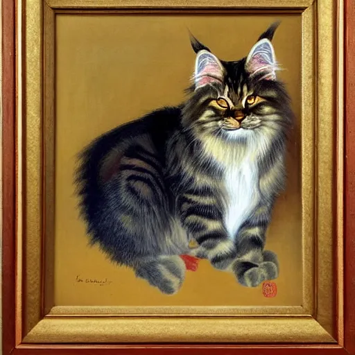 Image similar to soviet painting of ginger maine coon by isaak brodsky, walter womacka, czeslaw znamierowski, vladimir pchelin, kuzma petrov - vodkin, igor berezovsky