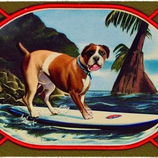 Prompt: staffordshire terrier boxer mix, riding a surfboard, as a vintage hawaiian postcard