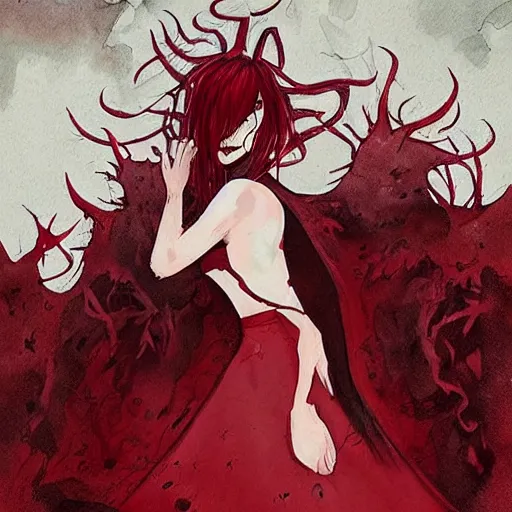 Image similar to the fall of a super confused demon girl in hell with a dark red dress!! full dressed!!, oppressive amotsphere with many shadows, blood and dark red highlights, concept fullbody horror art by aleksandra waliszewska and aoi ogata