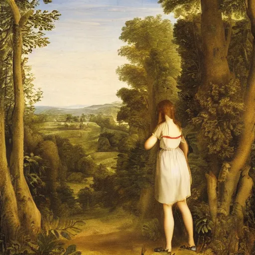 Prompt: a girl lost in a forest, castel in the background, renaissance