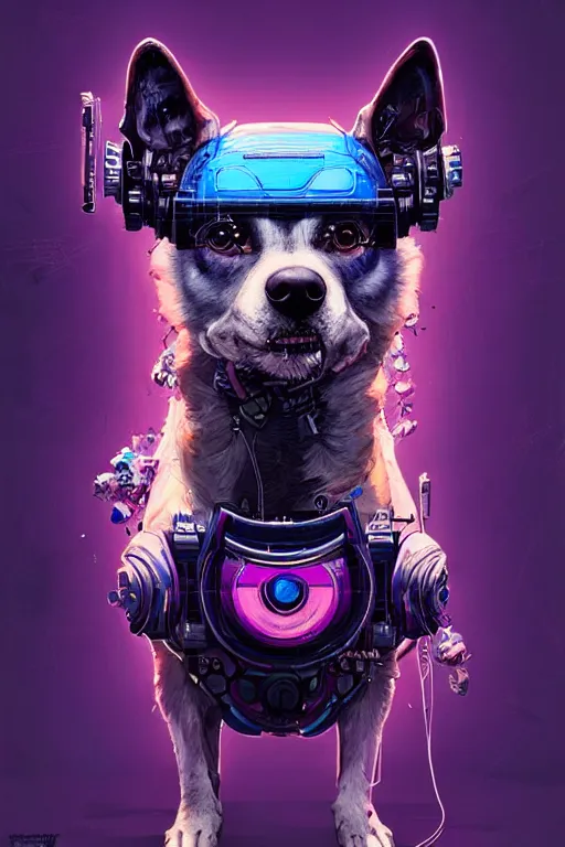 Image similar to a beautiful portrait of a cute cyberpunk dog by sandra chevrier and greg rutkowski and wlop, purple blue color scheme, high key lighting, volumetric light, digital art, highly detailed, fine detail, intricate, ornate, complex, octane render, unreal engine, photorealistic