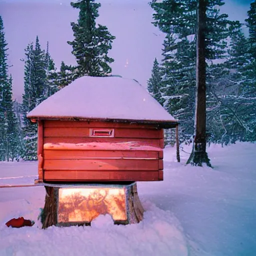 Image similar to view of a snowglobe neighbourhood that is sitting on a table of a cabin at night with stove, ektachrome photo, f8 aperture