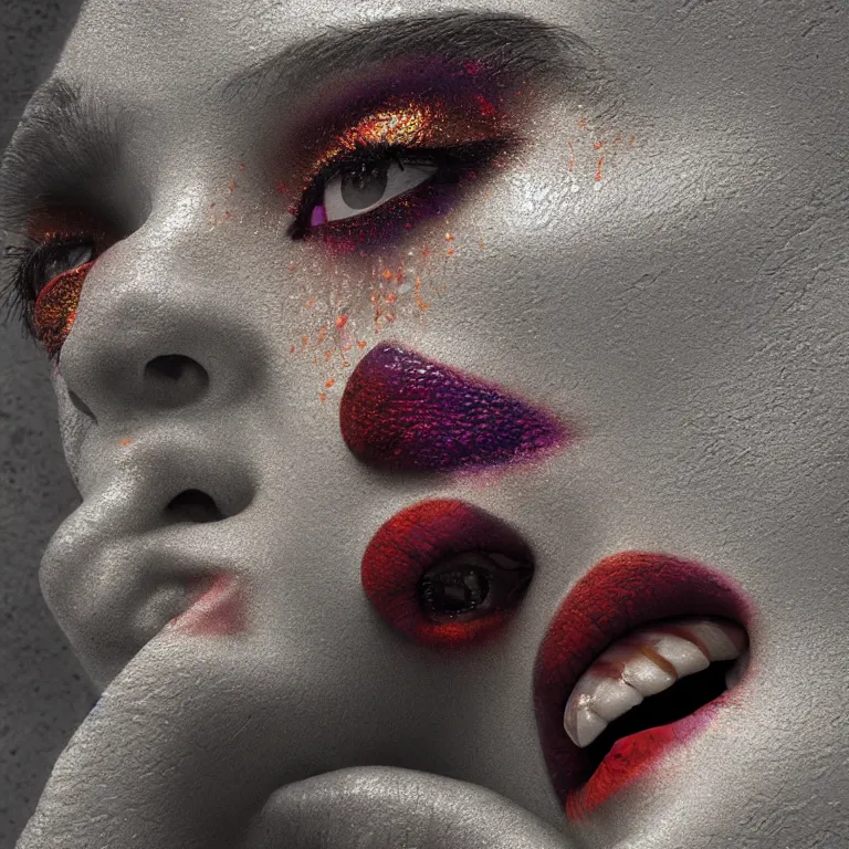 Prompt: wide angle octane render by wayne barlow and carlo crivelli and glenn fabry, the face of a woman with dramatic colorful shimmering makeup breaking through the cement wall of a brutalist government building, cinema 4 d, ray traced lighting, very short depth of field, bokeh