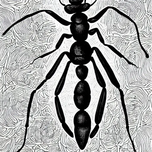 Prompt: ant, black and white, botanical illustration, black ink on white paper, bold lines