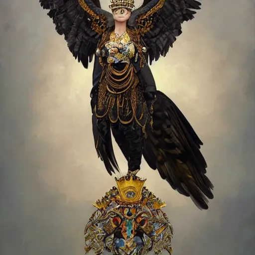 Prompt: a painting of a harpy eagle with a golden crown on her head, decorated, intricate, elegant, highly detailed, digital painting, arststation, concept art, smoth, shap focus, illustration, art by artgerm and greg rutkowski and alphonse mucha, 8 k