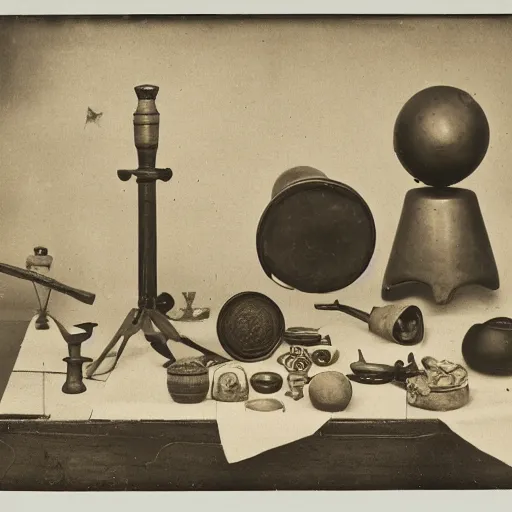 Image similar to Tintype photograph of objects displayed in an ethnographic museum, primitive display, anthropology of wonder, exotic meaning, in the style of Marcel Duchamp, found objects, ready-made, 1920s studio lighting.