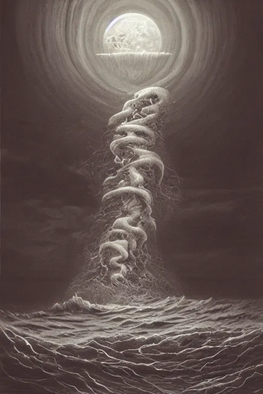 Image similar to A stunning detailed Shoggoth by Zdzisław Beksiński, stormy ocean, beautiful lighting, full moon, detailed swirling water tornado, artstation