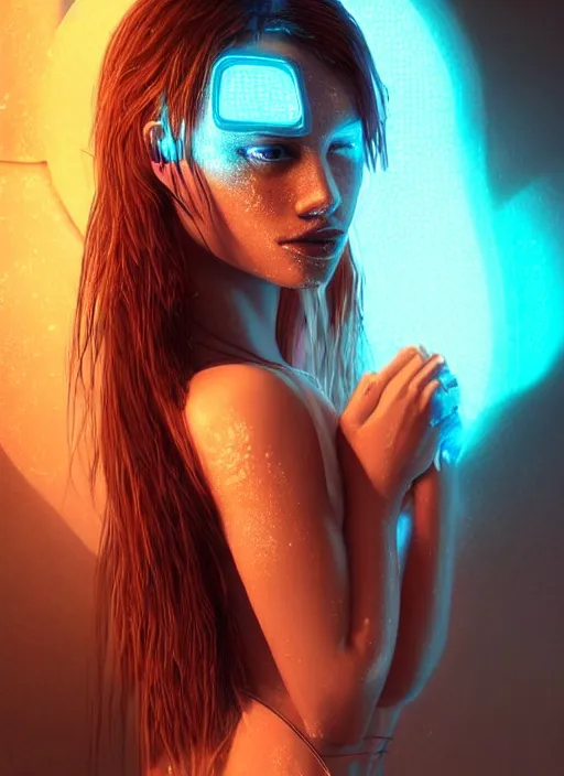 Image similar to a sensual caucasian female humanoid with freckles, cyber neon lighting, futurism, intricate futuristic jewelry accessories, cyberpunk swimsuit, profile posing, hyper photorealistic, crispy quality, digital photography, trending in artstation, trending in pinterest, cinematic, 4 k ultra hd, art by pascal blanche, art by greg rutkowski,