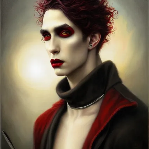 Image similar to attractive twenty first century male vampires beautiful eyes. highly detailed painting by tom bagshaw 8 k