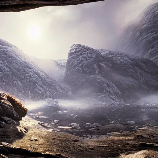 Image similar to norwegian landscape, intricate detail, volumetric lighting, epic composition, hyper detailed, ultra realistic, sharp focus, octane render, ray tracing, sense of awe, swirling mist