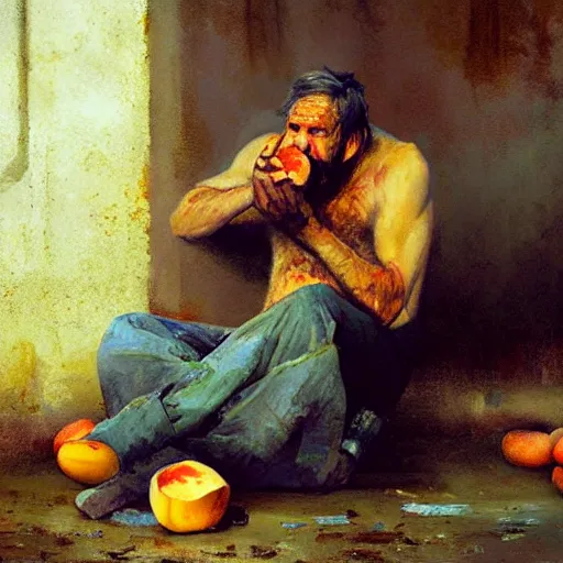 Image similar to feral man eating peaches in a factory, hunched over, mild mild impressionism, factory background, sharp colors, by greg rutkowski and asher duran