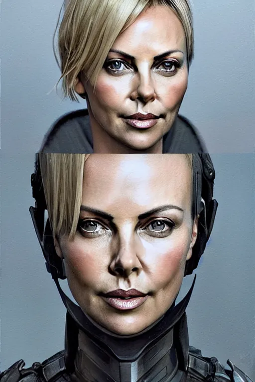 Image similar to a photorealistic painting of Charlize Theron, partially clothed in stealth armor, olive skin, long dark hair, beautiful bone structure, symmetrical face, perfect eyes, intricate, elegant, digital painting, concept art, illustration, sharp focus, minimal artifacts, from Valerian and the City of a Thousand Planets, in the style of Ruan Jia and Mandy Jurgens and Greg Rutkowski, trending on Artstation, award winning