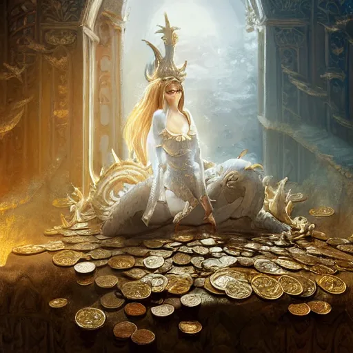 Prompt: concept art of a white scaled dragon laying on a mountain of golden coins and precious jewels inside a castle, medieval, jewels, gold, painting by wlop, nixeu and greg rutkowski, beautiful, semirealism, artstation, octane render, sharpness, 8 k, golden ratio