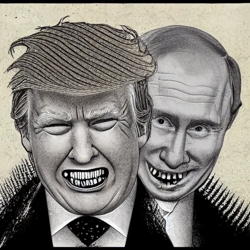 Image similar to portrait of donald trump and putin, evil looking, sharp teeth, in the style of benoit b. mandelbrot