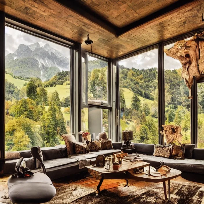 Image similar to photo of a fantastical living room with switzerland landscape in the window in the style of maximalism