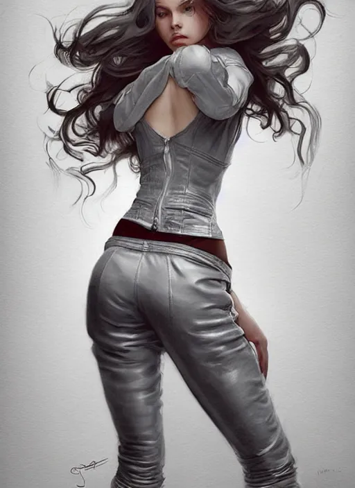 Image similar to girl in very short white! top and very short gray! leather jacket, open belly, long dark curly hair, high waist sweatpants, intricate, elegant, highly detailed, digital painting, artstation, concept art, smooth, illustration, art by artgerm and greg rutkowski and alphonse mucha