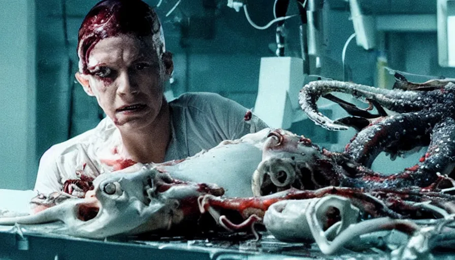 Prompt: Big budget horror movie about a cyborg doing an autopsy on a giant squid's heart in a clear glass coffin