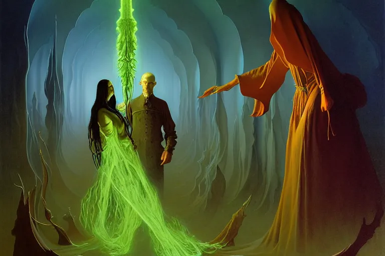 Image similar to the female arcanist and the male artificer by zacharias aagaard and albert bierstadt and gerald brom and zdzisław beksinski and james gilleard and wayne barlowe and marc simonetti, beautiful, robes, highly detailed, hyperrealistic, intricate, energy, electricity, blue flame, low light, green crystal, high contrast