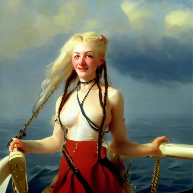 Image similar to painting of a muscular albino female pirate captain with broad shoulders, flowing white hair, and a confident smile, sleeveless uniform, on a boat at sea. painting by john singer sargent and ivan aivazovsky, 4 k hd artstation