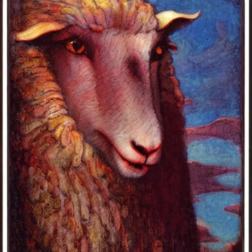 Image similar to A sheep with red whool an pointy vampire teeth by Annie Swynnerton and Nicholas Roerich and jean delville, strong dramatic cinematic lighting, smooth, sharp focus, extremely detailed