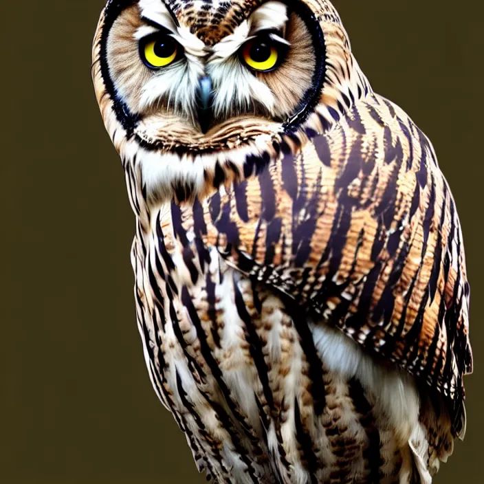 Prompt: full length photograph of a real-life owl warrior, Extremely detailed. 8k