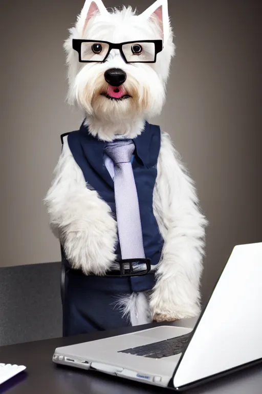 Prompt: anthropomorphic westie that looks like a human, photo, wearing business attire and glasses, sitting at a desk with a laptop, realistic, colored studio lighting, professional photography, nikon 5 0 mm f / 1. 8 g, canon