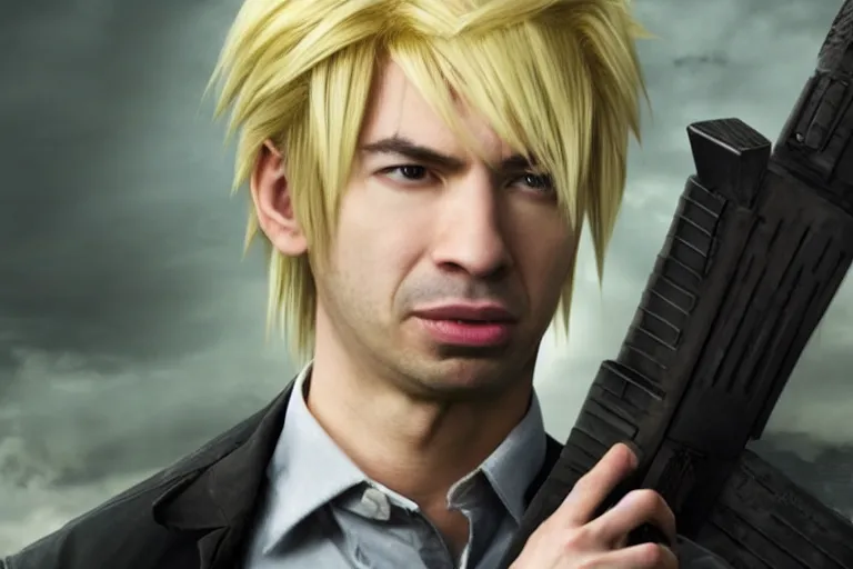 Prompt: live action film still of nathan fielder playing cloud strife in the new sci - fi movie