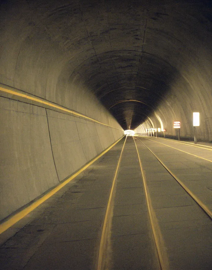 Image similar to tunnel under detroit airport, telephoto zoom, 2 0 0 mm, kodak kodachrome 6 4,