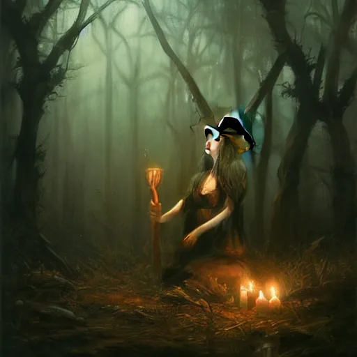 Image similar to witch performing a ritual in a dark forest painted by Raymond Swanland