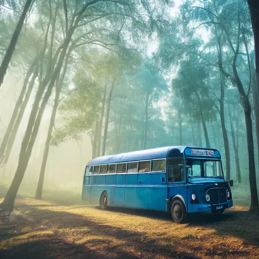 Prompt: blue bus in misty forest scene, the sun shining through the trees