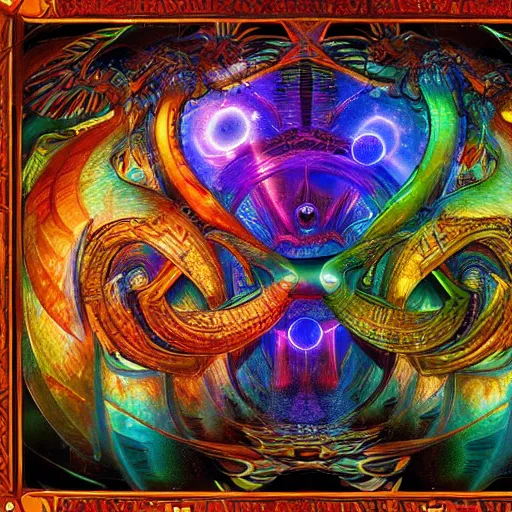 Prompt: dmt trip puzzle serpent mathematical object metaverse by raymond swanland, highly detailed, bright tones