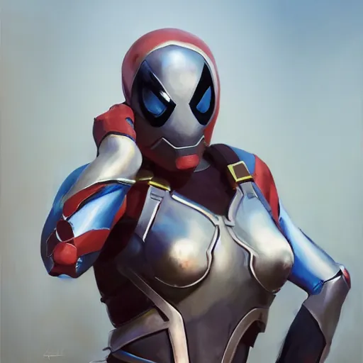 Image similar to greg manchess portrait painting of partially armored female iron spiderman as overwatch character, medium shot, asymmetrical, profile picture, organic painting, sunny day, matte painting, bold shapes, hard edges, street art, trending on artstation, by huang guangjian, gil elvgren, ruan jia, greg rutkowski, gaston bussiere