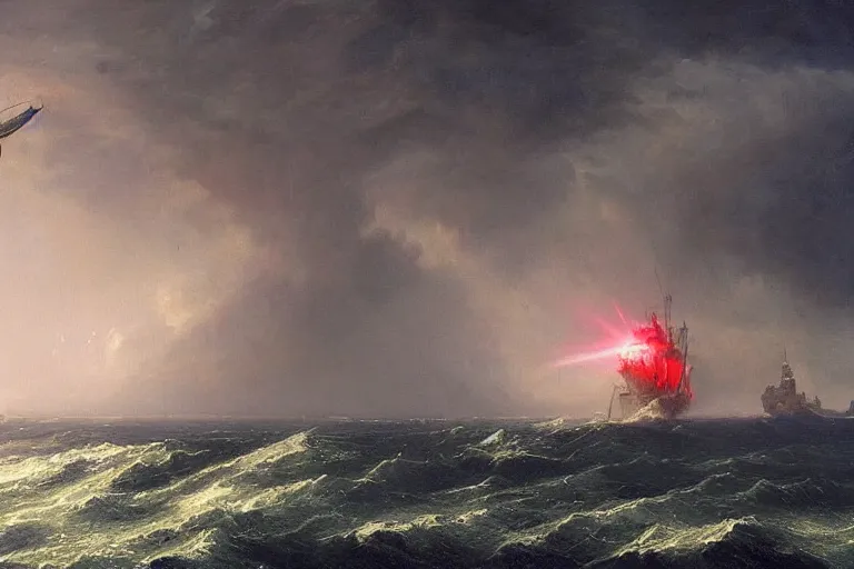 Image similar to A beautiful matte painting of huge alien spaceship attacking with powerful red lasers a Sailship in ocean in thunderstorm by Greg Rutkowski and Ivan aivazovsky