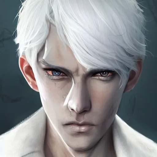 Prompt: Semi realistic anime illustration of white haired parted down the middle short hair man, with beautiful hyperdetailed black sclera eyes, full face portrait made by Stanley Artgerm, WLOP, Rossdraws, James Jean Andrei Riabovitchev, Marc Simonetti, Yoshitaka Amano, Artstation