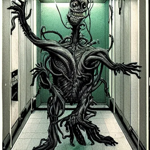 Prompt: a hyper detailed filmic realistic atmospheric full body backlit establashing wide shot 30mm color photograph of the alien organism creature rom The Thing 1982 with a snarling gorey mouth and limbs that are bundles of shape shifting alien tendrils decapitating a male 70-year-old doctor wearing a blue lab coat under dreary fluorescent lights in the style of a horror movie still