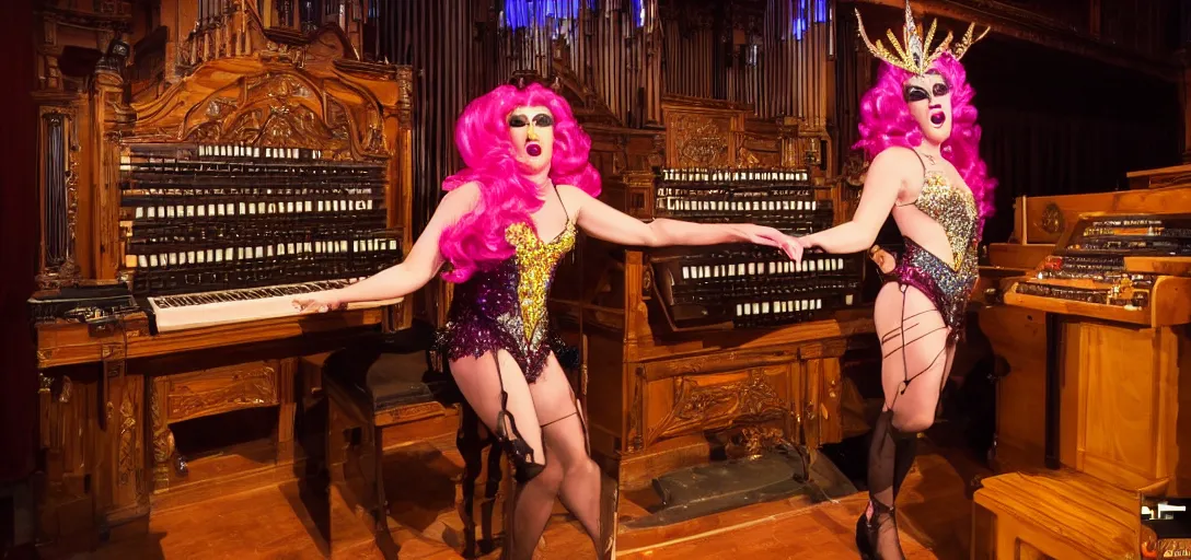 Image similar to drag queen performs as a church organist, photography, ultra high definition,