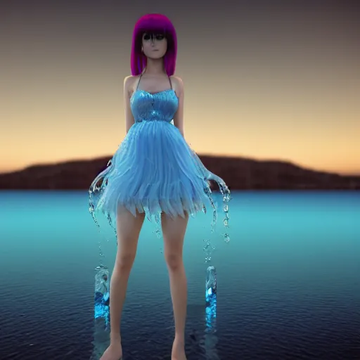 Image similar to a 3D render of a very beautiful anime girl wearing a dress made of water standing in a crystal lake , full body, long white hair with azure blue highlights blending into the dress , azure blue watery eyes, full round face, seductive over the shoulder glances , lens flare, cinematic lighting, golden hour, medium shot, mid-shot, auto-focus , highly realistically detailed, trending on artstation, Unreal Engine 4k, Stanley Artgerm Lau, WLOP, Rossdraws, James Jean, Andrei Riabovitchev, Marc Simonetti, and Sakimichan