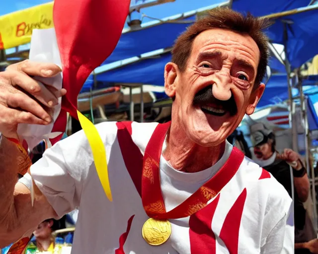 Image similar to Barry Chuckle wins the gold medal at the burger eating contest, trending on Artstation