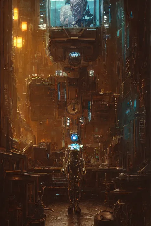 Prompt: A cyberpunk very highly detailed robot with very highly detailed face in the Tavern in a very highly detailed cyberpunk middle age sci-fi style, digital rational painting art by Greg Rutkowski, sci-fi highly detailed, digital concept art, Dimensional cyan gold natural light, sharp focus, Golden Ratio illustration, realistic concept art by Stephen Hickman and James Gurney and Hiromasa Ogura Ghost in the Shell rendered in Octane Render, From the distance