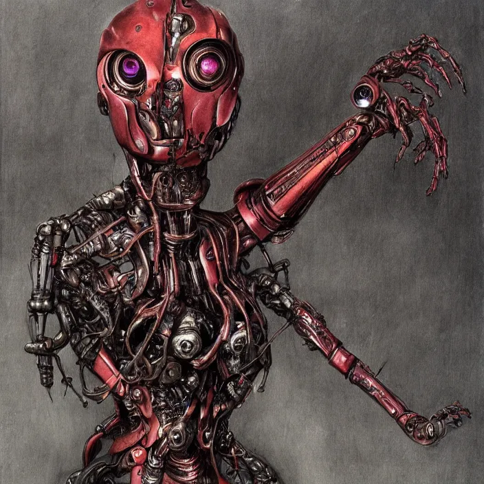 Prompt: in the art style of H.R. Giger a portrait of an evil, demented battle-damaged ruby Ultron from Age of Ultron, clockwork steampunk, head and chest only, by Beksinski, 4k, deviantart, trending on artstation, bio-chemical, bionic, fiber-optics, wires, electrical, short circuit, robocop, terminator, t-800, endoskeleton, steampunk