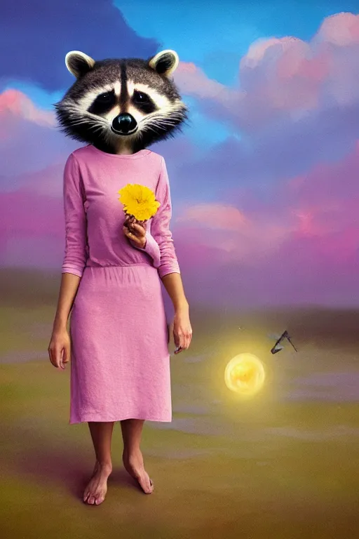 Image similar to beautiful female anthropomorphic raccoon wearing a dress on salt flats holding a flower, surreal photography, sunrise, dramatic light, impressionist painting, colorful clouds, digital painting, artstation, simon stalenhag