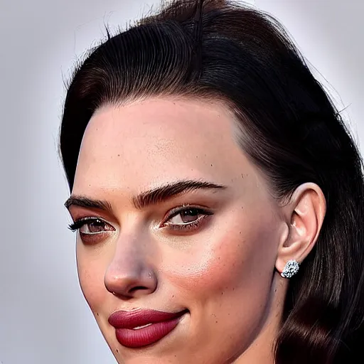 Image similar to a woman who is a genetic combination of kim kardashian and kat dennings and scarlett johansson and margot robbie and emma watson face and upper - body focus
