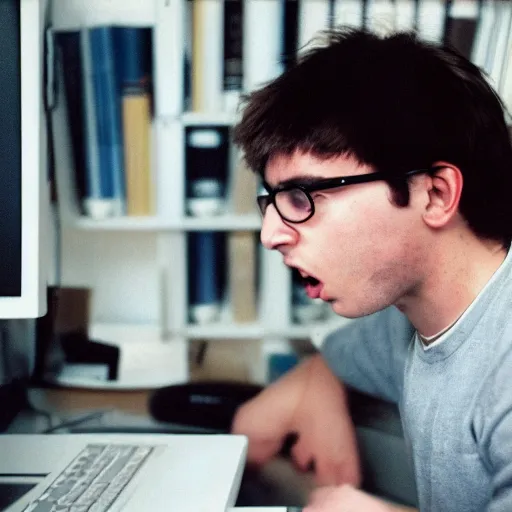 Prompt: angry young programmer man with brown hair sitting at a computer, 35mm photograph