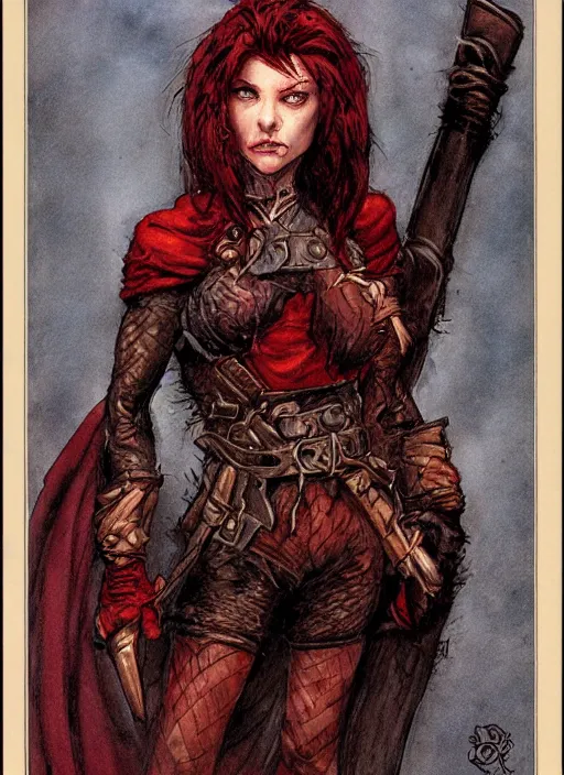 Prompt: portrait of strong female rogue, beautiful! coherent! dungeons and dragons character, by brian froud, strong line, night color, leather armor, short red hair, high contrast